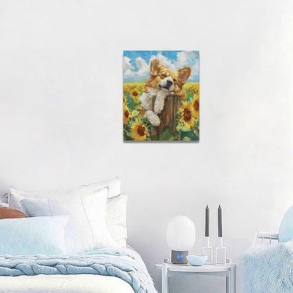 Dog Wall Art Country Sunflower Funny Corgi Pictures Wall Decor Farmhouse Canvas Painting Print Home Modern Artwork Decorations Framed for Bathroom Living Room Bedroom Office 20 x 24 inch