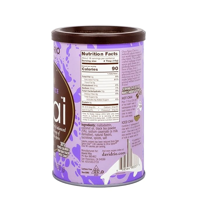 David Rio Orca Spice Reduced Calorie Chai Mix, Sugar-Free, Just Add Milk or Water, 11.9 oz Canister (Pack of 1)