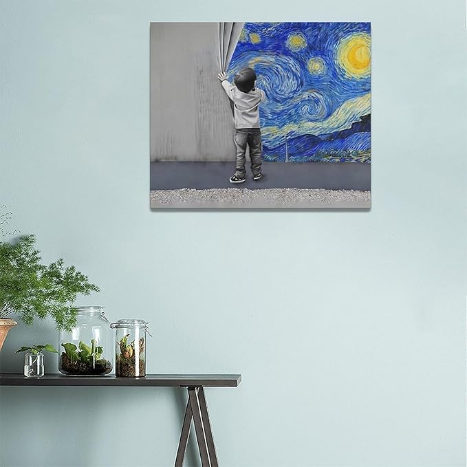 xiilo Banksy Wall Art Boys Starry Night Street Graffiti Pictures Wall Decor Kids Canvas Painting Pop Home Modern Artwork Decorations Framed for Living Room Bedroom Bathroom Office 24 x 20 inch