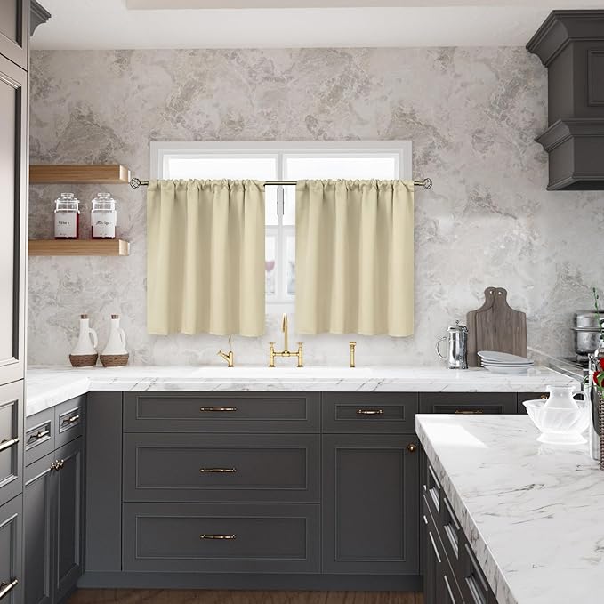 BGment Beige Blackout Curtains for Bedroom Kitchen 45 Inches Long - Thermal Insulated Short Drapes with Rod Pocket for Bathroom Bedroom, 34 x 45 Inch, 2 Panels