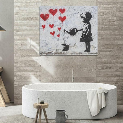 xiilo Banksy Girl Wall Art Heart Pictures Street Graffiti Canvas Wall Decor Kids Aesthetic Painting Pop Home Modern Artwork Decorations Framed for Living Room Bedroom Bathroom Office 24 x 20 inch