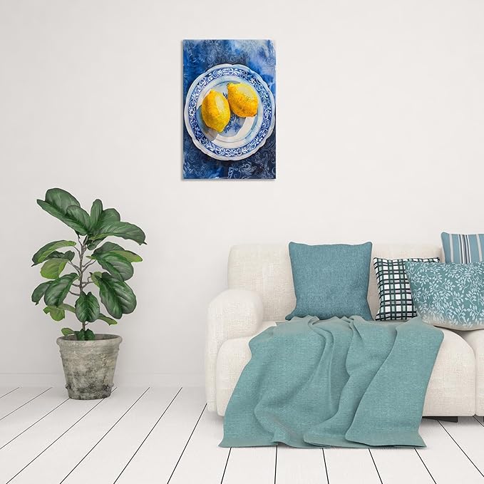 Vintage Yellow Fruit Orange Kitchen Wall Art Funky Blue Dining Table Plates Ceramics Canvas Posters Family Restaurant Food Fruits Prints Painting For Modern Living Room Wall Decor 8x10in Framed