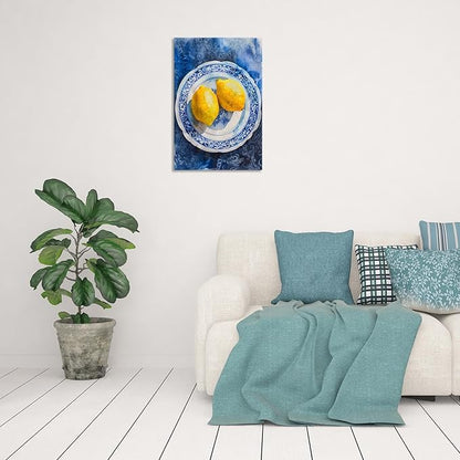 Vintage Yellow Fruit Orange Kitchen Wall Art Funky Blue Dining Table Plates Ceramics Canvas Posters Family Restaurant Food Fruits Prints Painting For Modern Living Room Wall Decor 8x10in Framed