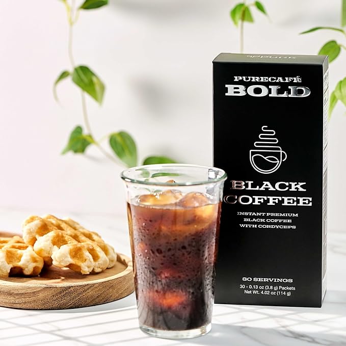 PureCafé Bold Black Coffee with Cordyceps | Smooth, Energizing Flavor | Convenient Single-Serve Packets | Supports Focus, Vitality & Wellness | 30 Servings