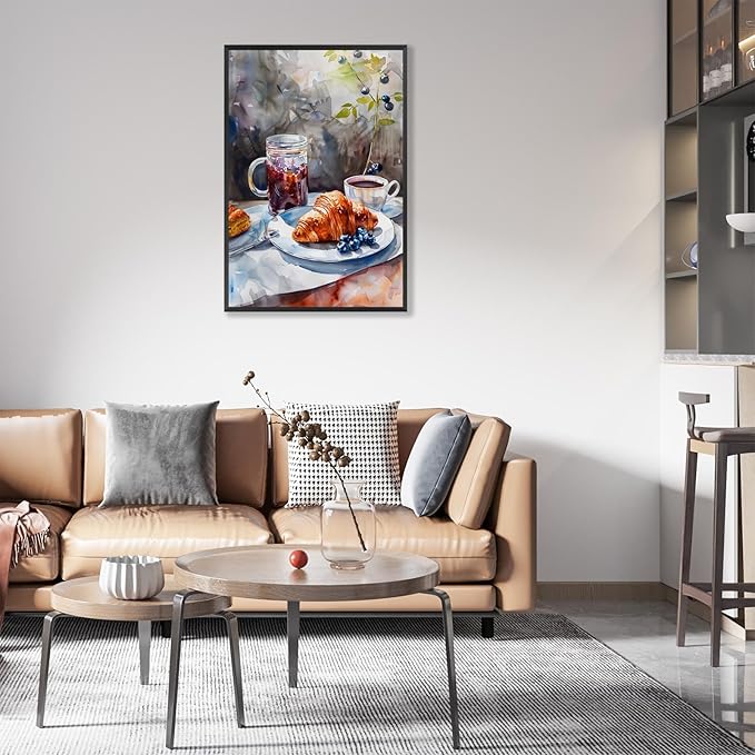 Vintage Coffee Food Kitchen Wall Art Colorful Bread Pastries Drinks Canvas Posters Funky Dining Table Plates Afternoon Tea Prints Painting For Modern Dining Room Cafe Wall Decor 12x16in Framed