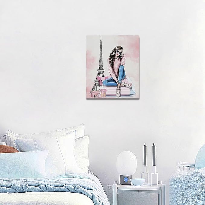 Pink Fashion Girls Wall Art Paris Glam Woman Pictures Room Decor Female Canvas Painting Print Eiffel Tower Home Makeup Artwork Decorations Framed for Bathroom Living Room Bedroom Office 20 x 24 inch