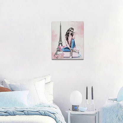 Pink Fashion Girls Wall Art Paris Glam Woman Pictures Room Decor Female Canvas Painting Print Eiffel Tower Home Makeup Artwork Decorations Framed for Bathroom Living Room Bedroom Office 20 x 24 inch
