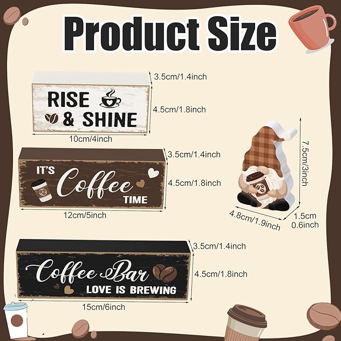Blosssound 4 Pcs Coffee Bar Table Decorations Centerpieces Coffee Bar Wooden Signs Farmhouse Brown White Gnome Café Rustic Wood Block Gifts for Tiered Tray Mantel Shelf Home Cafe Lover Party Kitchen