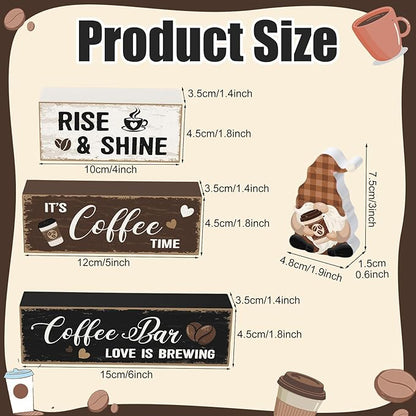 Blosssound 4 Pcs Coffee Bar Table Decorations Centerpieces Coffee Bar Wooden Signs Farmhouse Brown White Gnome Café Rustic Wood Block Gifts for Tiered Tray Mantel Shelf Home Cafe Lover Party Kitchen