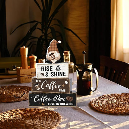Blosssound 4 Pcs Coffee Bar Table Decorations Centerpieces Coffee Bar Wooden Signs Farmhouse Brown White Gnome Café Rustic Wood Block Gifts for Tiered Tray Mantel Shelf Home Cafe Lover Party Kitchen