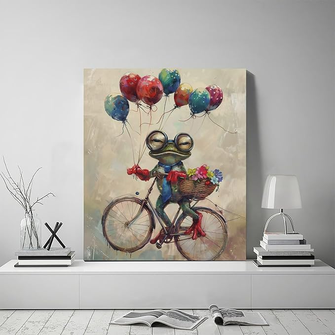 Banksy Frog Wall Art Funny Frog Pictures Vintage Canvas Wall Decor Painting Pop Home Modern Artwork Decorations Framed for Living Room Bedroom Bathroom Office 20 x 24 inch