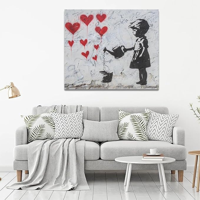 xiilo Banksy Girl Wall Art Heart Pictures Street Graffiti Canvas Wall Decor Kids Aesthetic Painting Pop Home Modern Artwork Decorations Framed for Living Room Bedroom Bathroom Office 24 x 20 inch