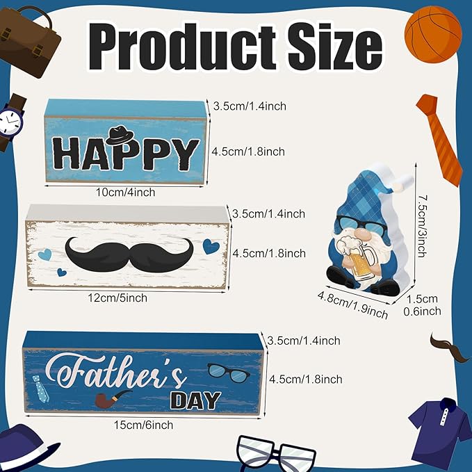 Blosssound 4 Pcs Father's Day Table Decorations Centerpieces Happy Father's Day Wooden Signs Retro Blue White Gnome Block Dad Appreciation Gifts Grandfather Birthday Party Supplies for Shelf Mantel