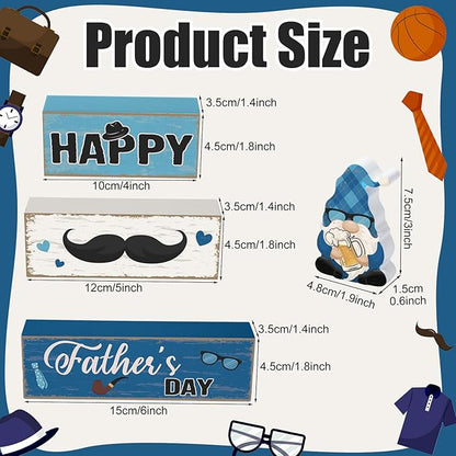 Blosssound 4 Pcs Father's Day Table Decorations Centerpieces Happy Father's Day Wooden Signs Retro Blue White Gnome Block Dad Appreciation Gifts Grandfather Birthday Party Supplies for Shelf Mantel