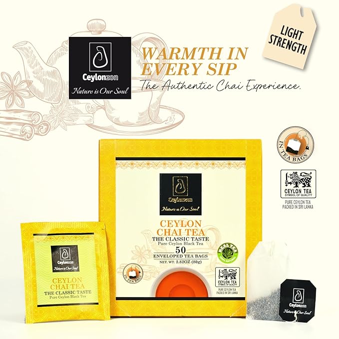 Ceylonzon Chai Tea Classic Taste 50 Individually Foil-Wrapped Tea Bags, Pure Ceylon Black Tea with Naturally Rich flavor & Spices, Spice Chai Latte Blend 80g