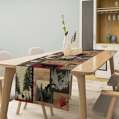Country Cottage Table Runner, Vintage Bear Deer Elk Moose Rustic Style Linen Table Runner for Home Kitchen Table Decoration, 13x60 Inch