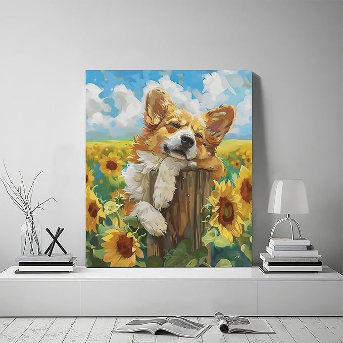 Dog Wall Art Country Sunflower Funny Corgi Pictures Wall Decor Farmhouse Canvas Painting Print Home Modern Artwork Decorations Framed for Bathroom Living Room Bedroom Office 20 x 24 inch