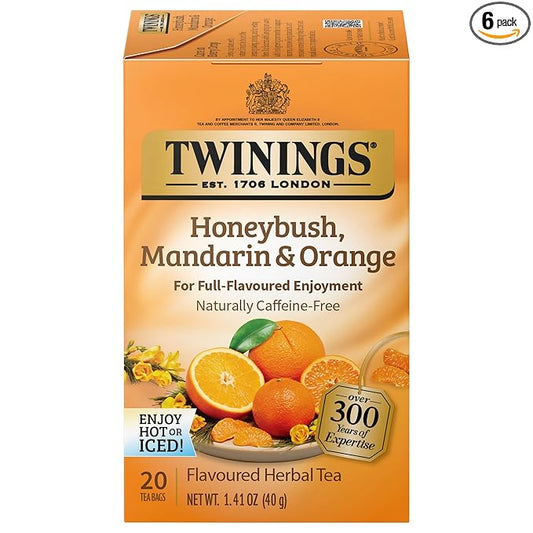 Twinings Honeybush, Mandarin, & Orange Herbal Tea Individually Wrapped Bags, 20 Count (Pack of 6), Naturally Caffeine-Free, Enjoy Hot or Iced | Packaging May Vary
