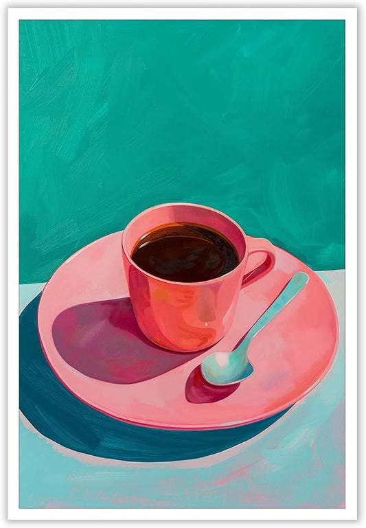 Vintage Afternoon Tea Black Coffee Wall Art Funky Pink Dinner Plate Food Canvas Posters Kitchen Coffee Pictures Prints Painting For Modern Home Dining Room Cafe Restaurant Wall Decor 16x24in Unframed