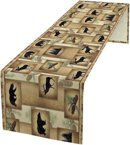 Country Cottage Table Runner, Vintage Bear Deer Elk Moose Cabin Rustic Style Linen Table Runner for Home Kitchen Table Decoration, 13x90 Inch