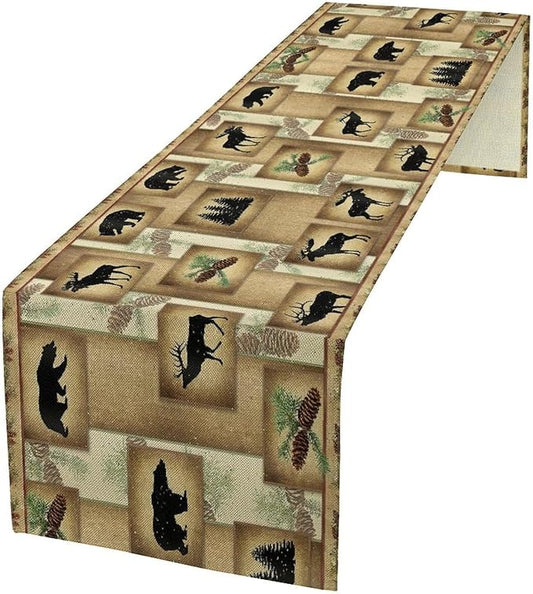 Country Cottage Table Runner, Vintage Bear Deer Elk Moose Cabin Rustic Style Linen Table Runner for Home Kitchen Table Decoration, 13x108 Inch