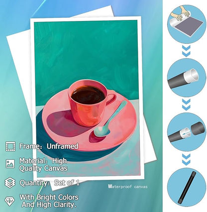 Vintage Afternoon Tea Black Coffee Wall Art Funky Pink Dinner Plate Food Canvas Posters Kitchen Coffee Pictures Prints Painting For Modern Home Dining Room Cafe Restaurant Wall Decor 16x24in Unframed