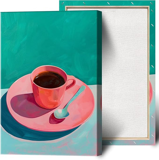 Vintage Afternoon Tea Black Coffee Wall Art Funky Pink Dinner Plate Food Canvas Posters Kitchen Coffee Pictures Prints Painting For Modern Home Dining Room Cafe Restaurant Wall Decor 8x10in Framed