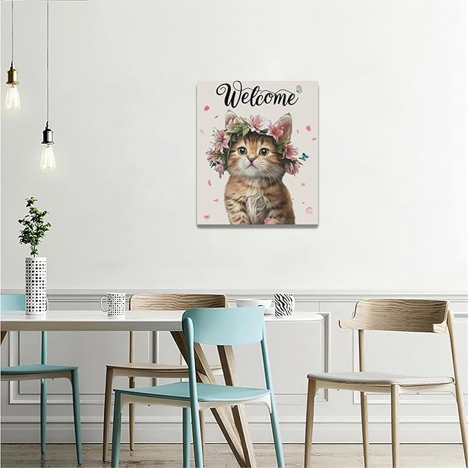 Cat Wall Art Welcome Cats Pictures Wall Decor Flower Cat Canvas Painting Home Modern Artwork Decorations Framed for Bathroom Living Room Bedroom Office 20 x 24 inch