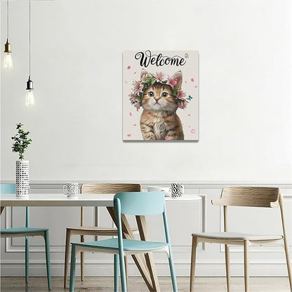 Cat Wall Art Welcome Cats Pictures Wall Decor Flower Cat Canvas Painting Home Modern Artwork Decorations Framed for Bathroom Living Room Bedroom Office 20 x 24 inch