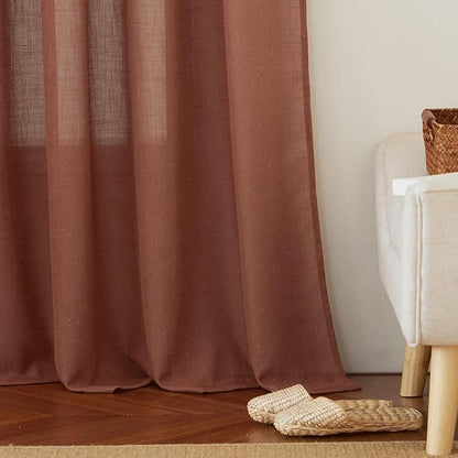 RYB HOME Natural Linen Blend Curtains for Kitchen Dining Room, Back Tab Boho Rustic Half Privacy Window Decor Semi Sheer for Bathroom Nursery, W 52 x L 72 inches, Terracotta, 2 Panels