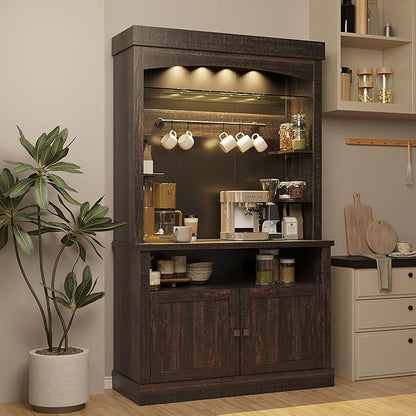 Coffee Bar Cabinet with LED Lights 72" Tall Buffet Cabinet with Storage Farmhouse Kitchen Sideboard Tall Coffee Hutch with Microwave Stand/Wine Rack/Glass Shelf Dining Room (Oak)