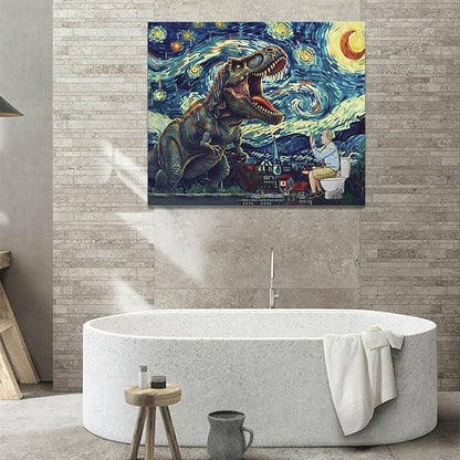Dinosaur Bathroom Wall Art Starry Night Funny Bathroom Pictures Wall Decor Dinosaur Canvas Painting Print Home Modern Artwork Decorations Framed for Bathroom Living Room Bedroom Office 24 x 20 inch