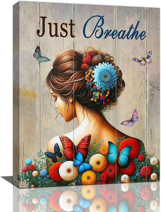 Just Breathe Butterfly Girl Wall Art Aesthetic Girls Room Decor Colorful Flying Butterfly female Woman Pictures Canvas Painting Artwork Decorations Framed for Bedroom Bathroom Office 24 x 20 inch