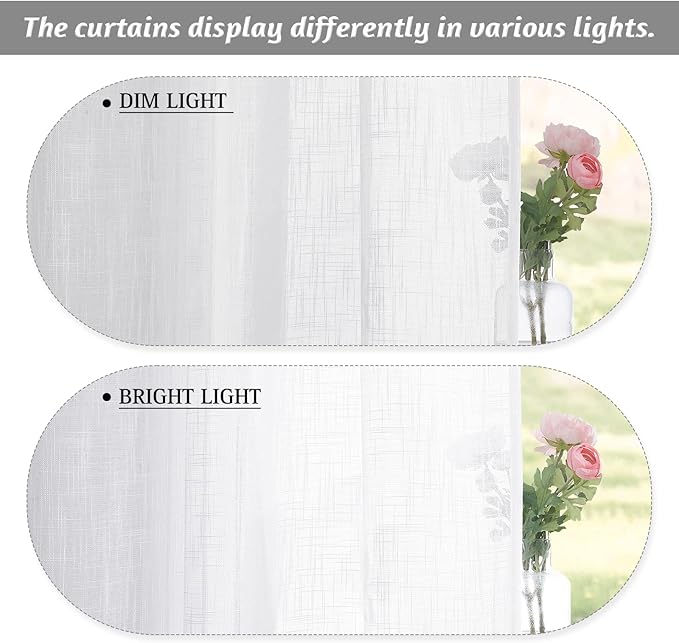 RYB HOME White Sheer Valances for Cafe Kitchen, Light Filtering Durability Farmhouse Linen Textured Curtains for Small Short Window Living Room Glass Door, W 34 x L 30 inches, White, 2 Panels