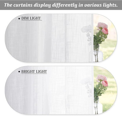 RYB HOME White Sheer Valances for Cafe Kitchen, Light Filtering Durability Farmhouse Linen Textured Curtains for Small Short Window Living Room Glass Door, W 34 x L 30 inches, White, 2 Panels