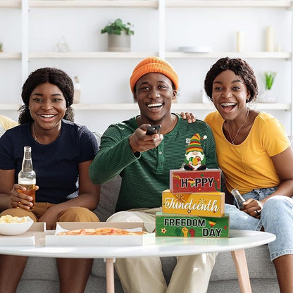 Blosssound 4 Pcs Juneteenth Table Decorations Centerpieces Happy Juneteenth Day Wooden Signs Gnome Freedom Day Wood Block Gifts for 1865 Black American Independence Party Tiered Tray Mantel Shelf