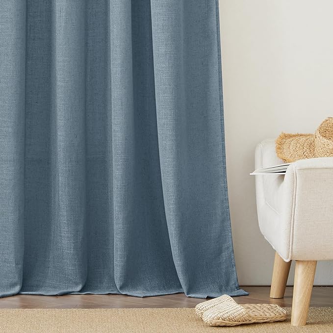 RYB HOME Linen Curtains 102 inch Length for Dining Room Doorway, Back Tab Light Filtering Breathable Privacy Assured Durability Window Treatments, W 52 x L 102 inch, 2 Pcs, Stone Blue