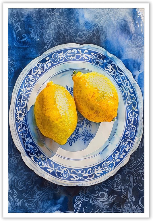 Vintage Yellow Fruit Orange Kitchen Wall Art Funky Blue Dining Table Plates Ceramics Canvas Posters Family Restaurant Food Fruits Prints Painting For Modern Living Room Wall Decor 16x24in Unframed