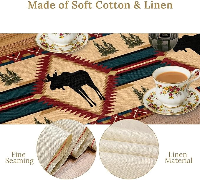 Country Cottage Table Runner, Vintage Bear Deer Elk Moose Cabin Rustic Style Linen Table Runner for Home Kitchen Table Decoration, 13x70 Inch