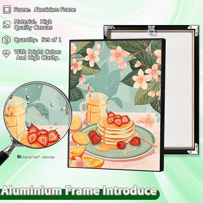 Vintage Food Afternoon Tea Kitchen Wall Art Funny Drinks Fruits Food Pastries Canvas Posters Funky Pink Strawberry Cake Orange Flowers Prints Painting For Living Room Wall Decor 8x10in Framed