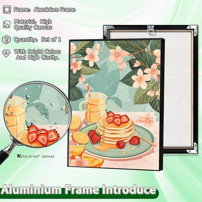 Vintage Food Afternoon Tea Kitchen Wall Art Funny Drinks Fruits Food Pastries Canvas Posters Funky Pink Strawberry Cake Orange Flowers Prints Painting For Living Room Wall Decor 8x10in Framed
