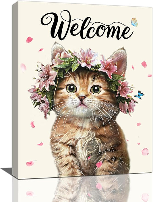 Cat Wall Art Welcome Cats Pictures Wall Decor Flower Cat Canvas Painting Home Modern Artwork Decorations Framed for Bathroom Living Room Bedroom Office 20 x 24 inch