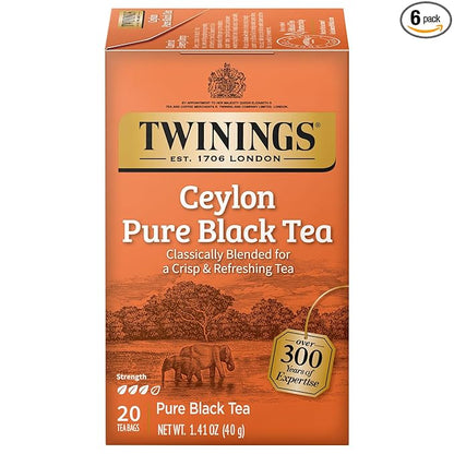 Twinings Ceylon Pure Black Tea Individually Wrapped Bags, 20 Count (Pack of 6), formerly Ceylon Orange Pekoe, Crisp, Refreshing, Caffeinated, Enjoy Hot or Iced | Packaging May Vary