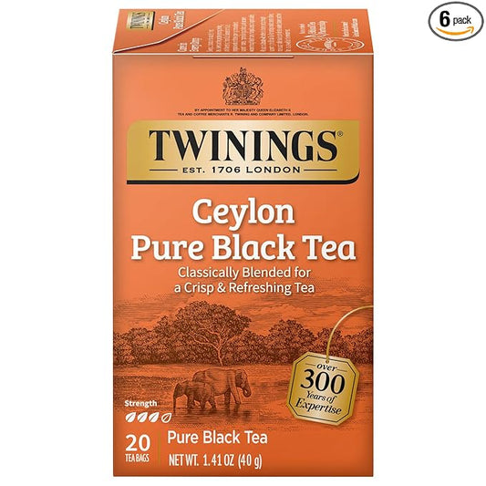 Twinings Ceylon Pure Black Tea Individually Wrapped Bags, 20 Count (Pack of 6), formerly Ceylon Orange Pekoe, Crisp, Refreshing, Caffeinated, Enjoy Hot or Iced | Packaging May Vary