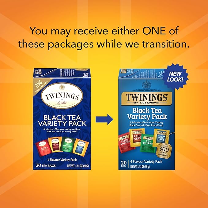 Twinings Variety Pack Black Tea Bags, 20 Count (Pack of 6), Includes English Breakfast, Early Grey, Irish Breakfast, and Lady Grey, Caffeinated, Enjoy Hot or Iced | Packaging May Vary