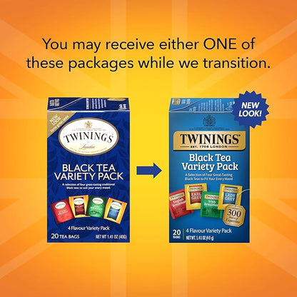 Twinings Variety Pack Black Tea Bags, 20 Count (Pack of 6), Includes English Breakfast, Early Grey, Irish Breakfast, and Lady Grey, Caffeinated, Enjoy Hot or Iced | Packaging May Vary