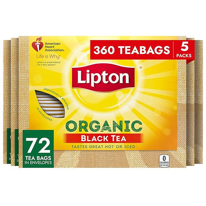 Lipton Organic Tea Bags Tastes Great Hot or Iced Organic Black Tea Can Help Support a Healthy Heart 5.74 oz 72 Count, Pack of 5