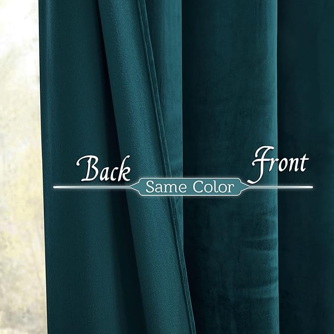 RYB HOME Teal Velvet Curtains 92 inches, Back Tab Soft Fabric Room Darkening Thermal Insulated Luxurious Home Decor Curtains for Living Room Bedroom, W 52" x L 92", 2 Panels Set
