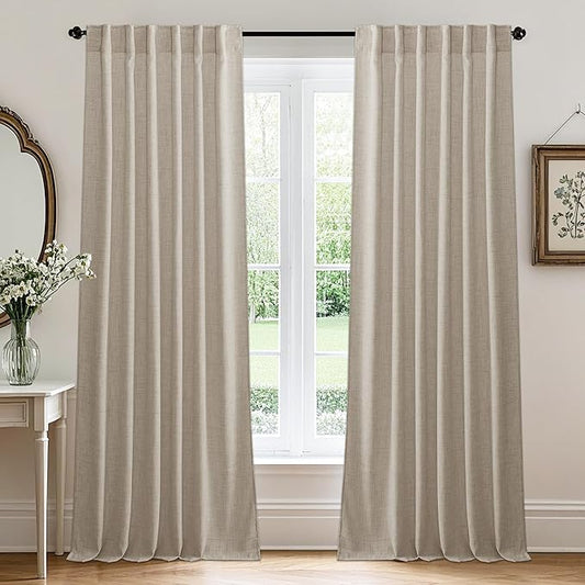 RYB HOME Natural Beige Linen Sheer Curtains 63 inches Long for Living Room and Dining Room, Back Tab/Rod Pocket, Light Filtering Sheer Curtains and Drapes, W 52 x L 63 inches, 2 Panels Set