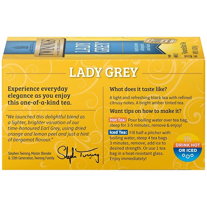 Twinings Lady Grey Black Tea Individually Wrapped Bags, 20 Count (Pack of 6), Orange & Lemon Peel with a Hint of Bergamot, Caffeinated, Enjoy Hot or Iced | Packaging May Vary